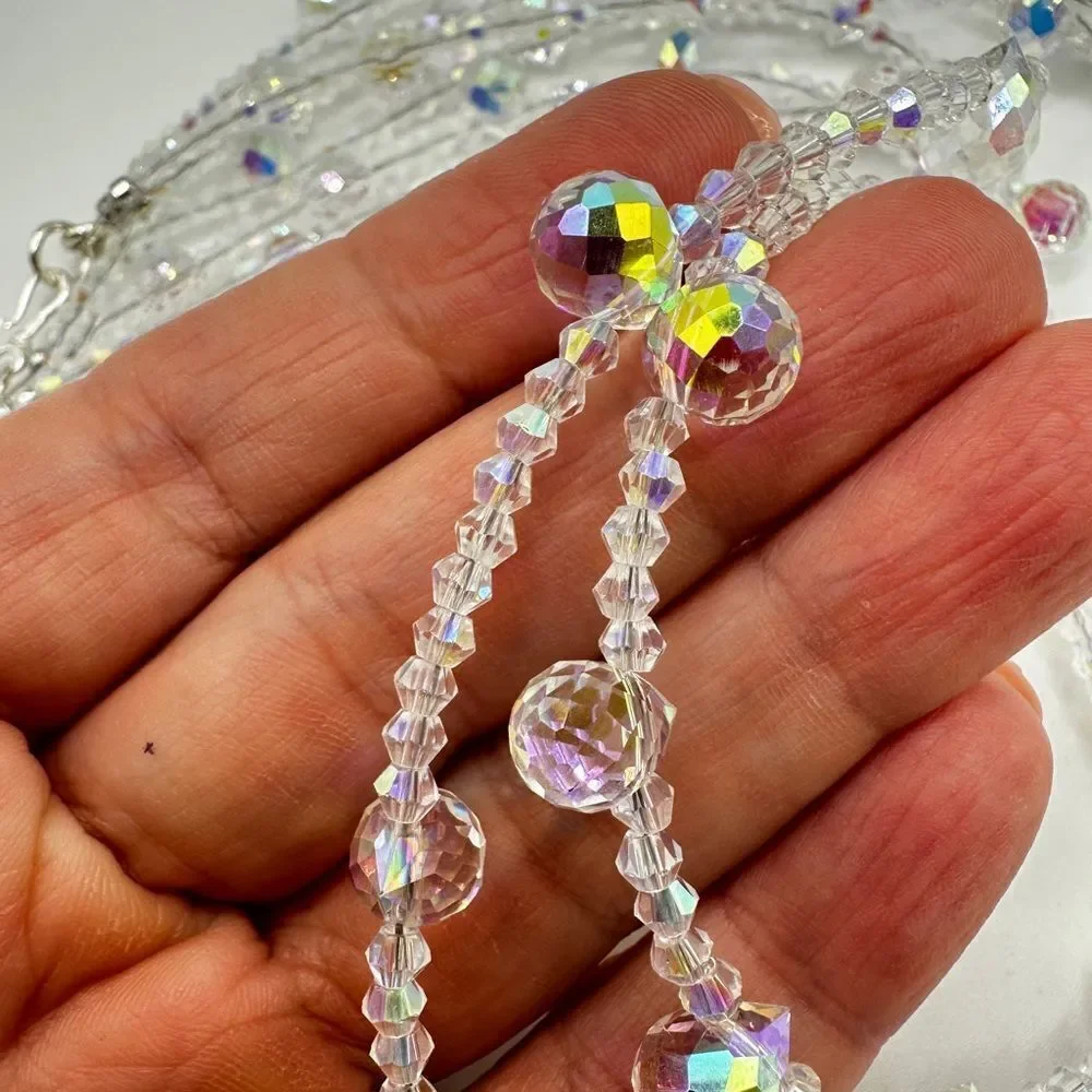 Three strands faceted glass, Aurora Borealis beaded necklace with s925 hardware!